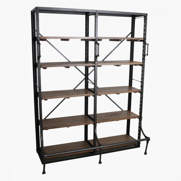 Double archive closet with natural wooden shelves