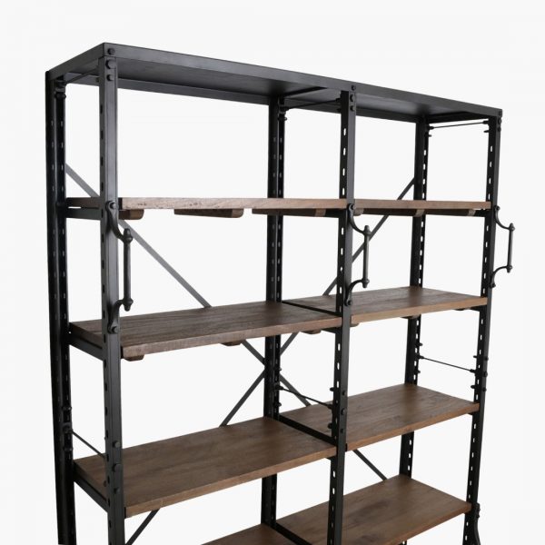 Double archive closet with natural wooden shelves