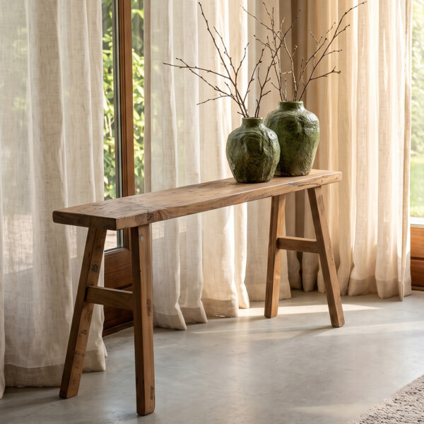 Origineel Carpenter teak bankje van 80 cm met gerecycled houten zitting en hergebruikte poten.