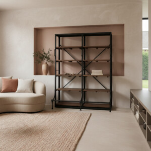 Double archive closet with natural wooden shelves