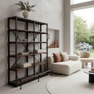 Double archive closet with natural wooden shelves