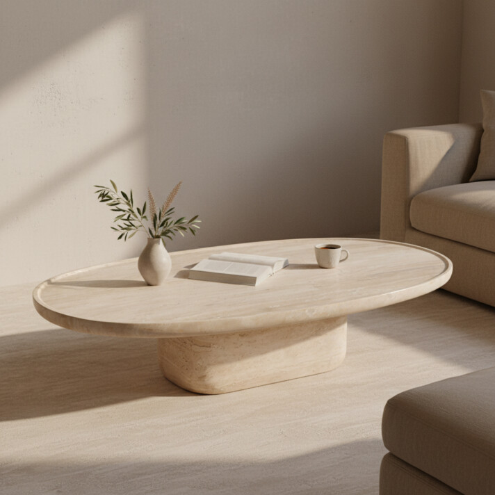 Travertin oval shape coffee table upper edge