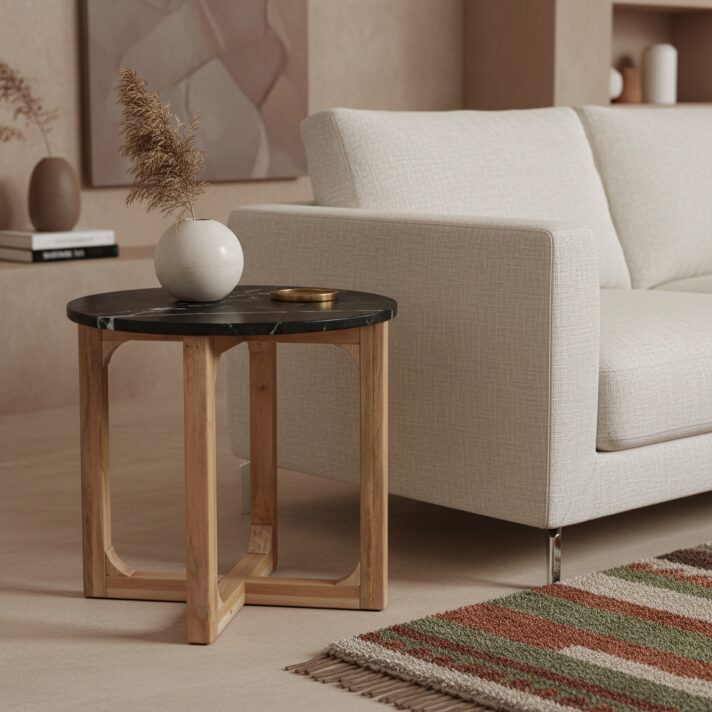 Marble side table round black