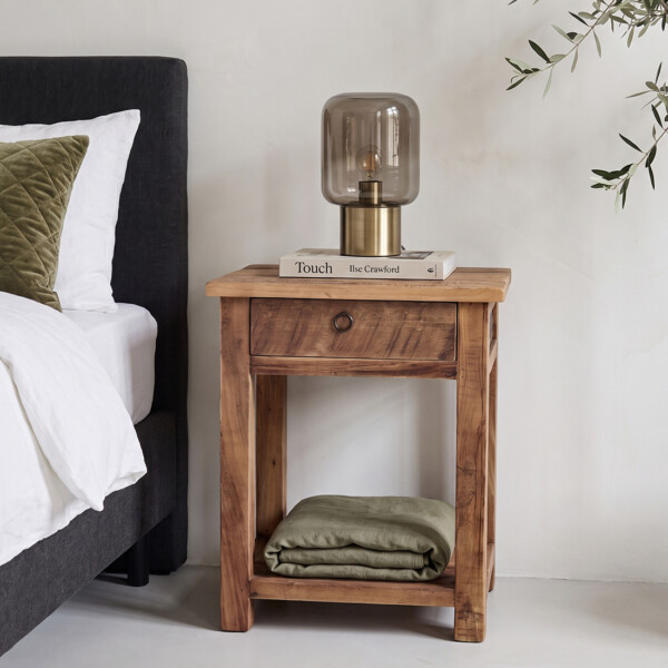 Farmwood wooden bedside table in recycled wood with drawer and open shelf, 50 x 38 x 60 cm